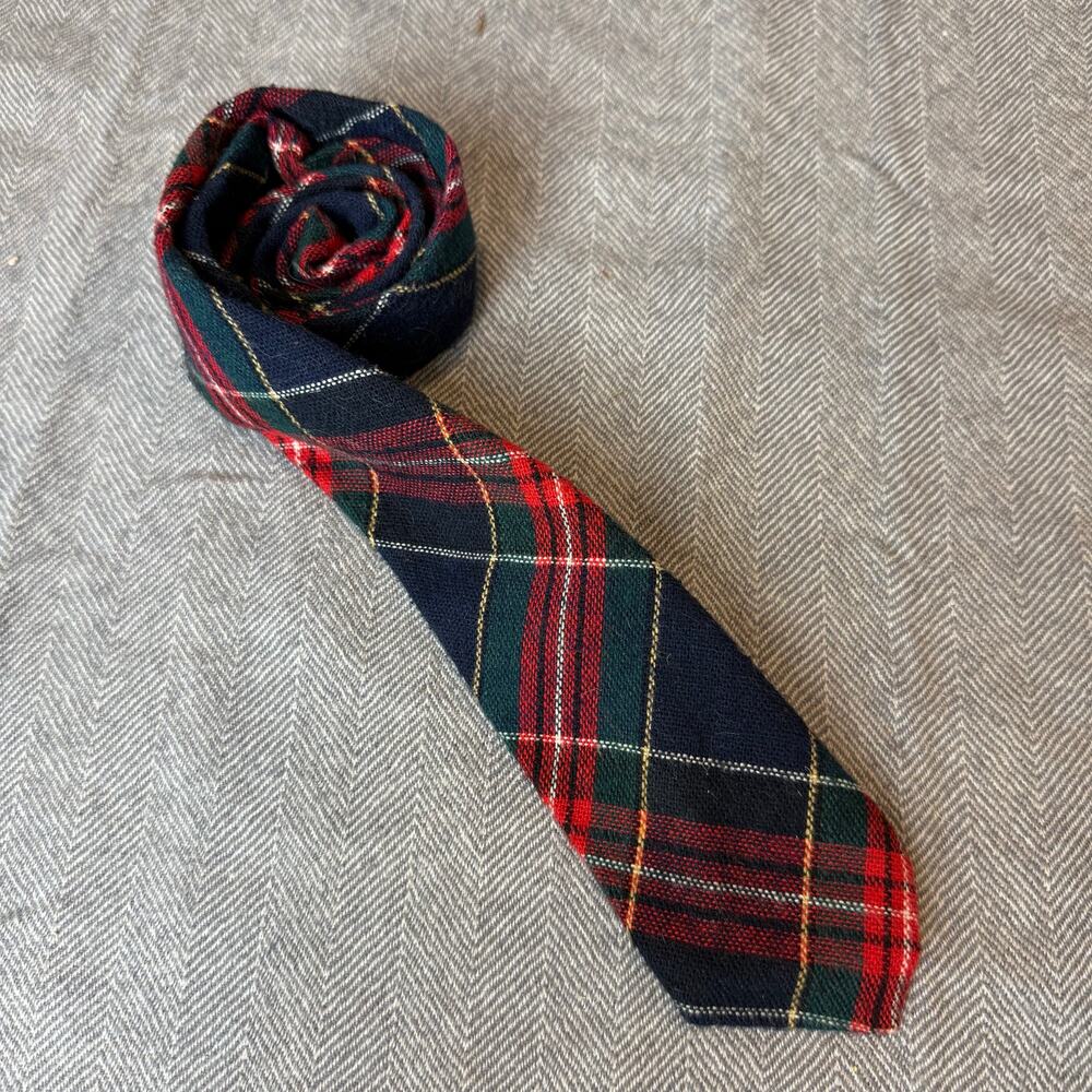 Vintage Excello Cravats Red Blue Green Tartan Plaid Wool Blend Tie 60s Mad Men